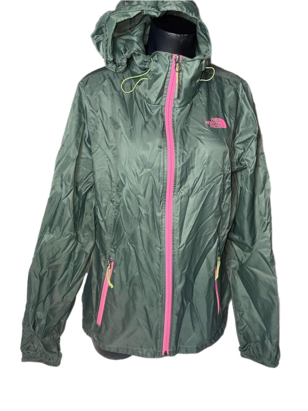 The North Face Women's Olive Green Hooded Shell Jacket with Pink Zippers